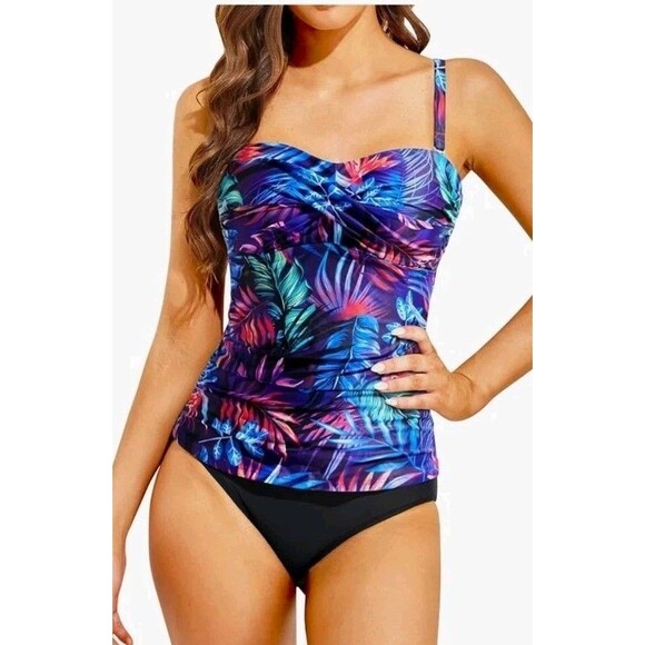 Holipick Women's S Purple Leaf Tankini Swimsuit 2-Piece Tummy Control - Picture 3 of 5